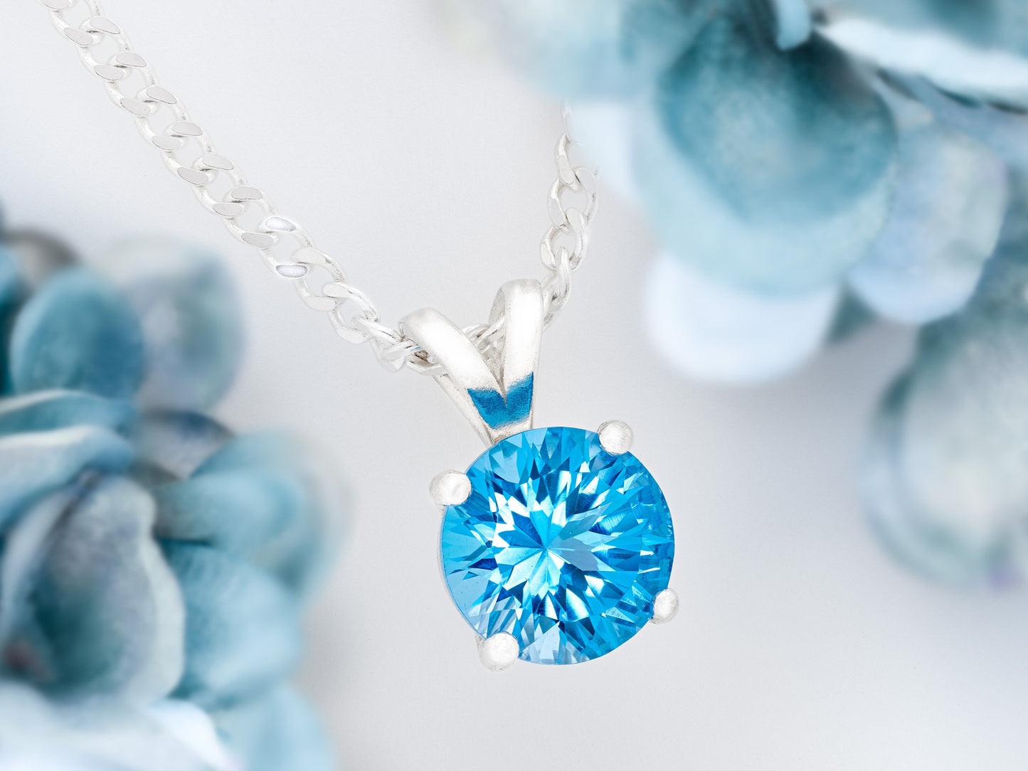 Vivid Natural Swiss Blue Topaz pendant from Brazil. Handmade Premium silver pendant. 8mm round gemstone. 2.2+ctw.