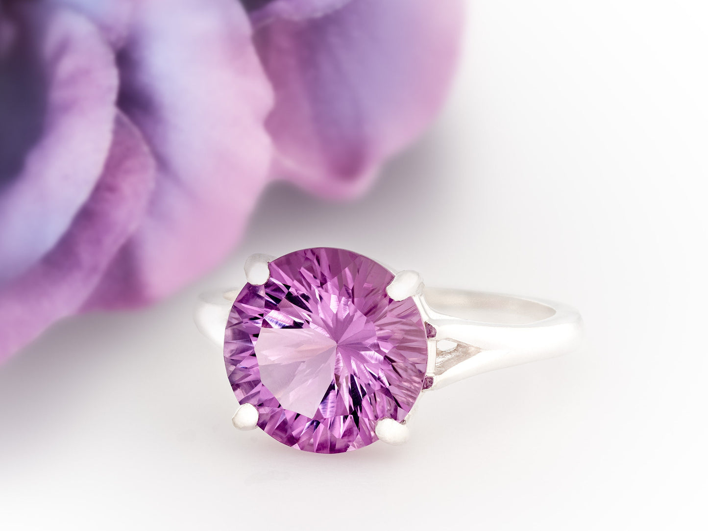 Perfect concave cut Brazilian Amethyst! Grade AAA, natural gemstone set in premium silver. 10mm round, IF Clarity, 3.4ctw.