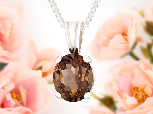 Natural Grade AAA Smoky Quartz Necklace. Sterling Silver, 4-Prong Pendant with Multiple Chain Options.