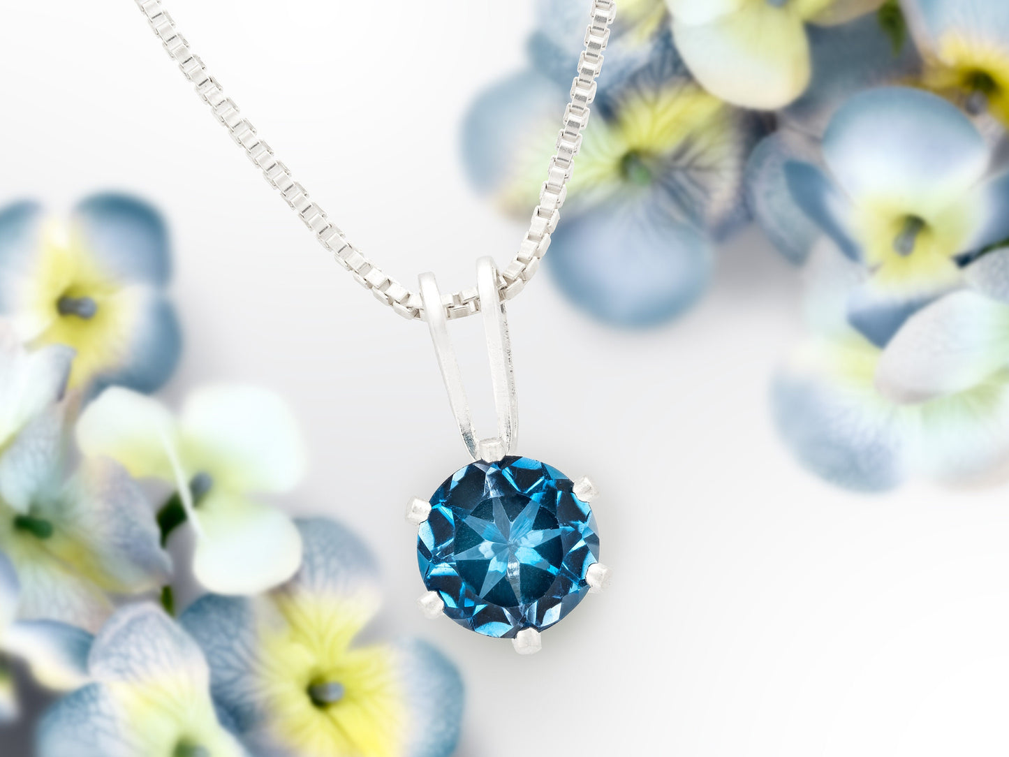 Intense London Blue Topaz Necklace. Round, 5mm, Natural Brazilian Gemstone in a 6-Prong, Sterling Silver Pendant.