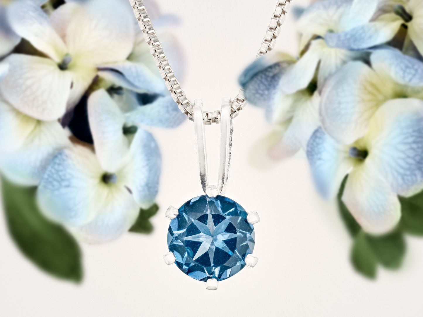 Intense London Blue Topaz Necklace. Round, 5mm, Natural Brazilian Gemstone in a 6-Prong, Sterling Silver Pendant.