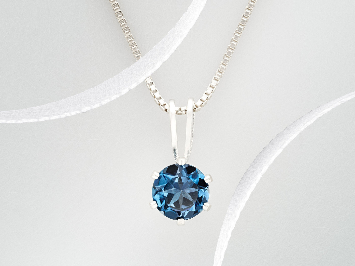 Intense London Blue Topaz Necklace. Round, 5mm, Natural Brazilian Gemstone in a 6-Prong, Sterling Silver Pendant.