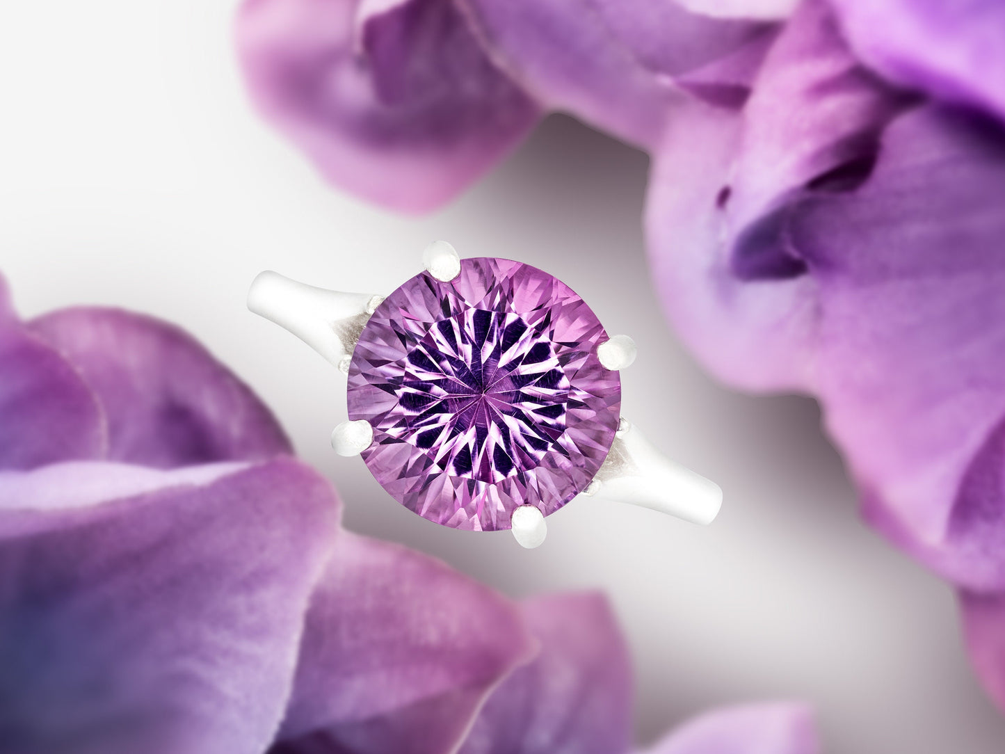 Perfect concave cut Brazilian Amethyst! Grade AAA, natural gemstone set in premium silver. 10mm round, IF Clarity, 3.4ctw.