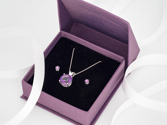 Brazilian amethyst necklace and earring set. Featuring a striking purple, 10mm round, concave cut amethyst pendant and matching 3mm earrings