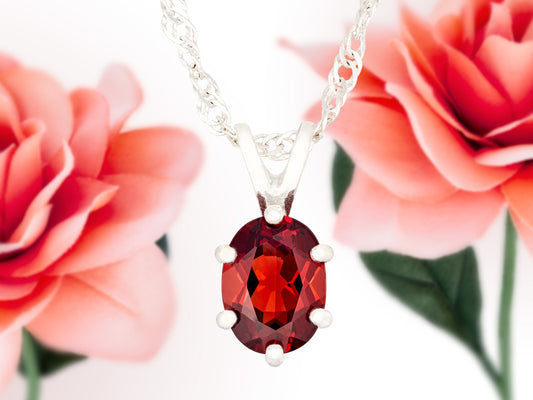 Bold Red Pendant Necklace featuring a natural Mozambique Garnet, 8x6mm Oval, 6-Prong, Sterling Silver Pendant. Pendant Only.