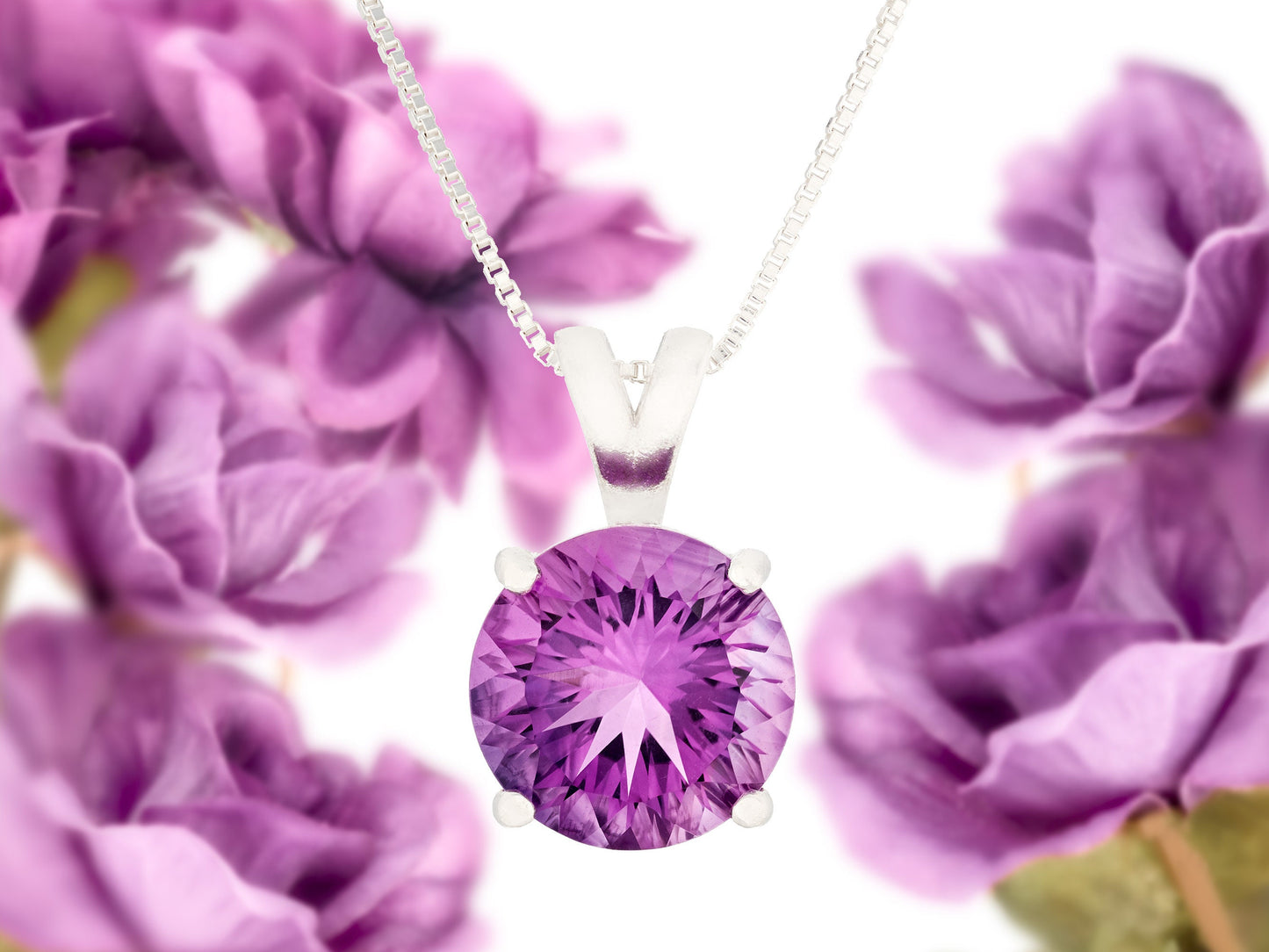 Brazilian amethyst necklace and earring set. Featuring a striking purple, 10mm round, concave cut amethyst pendant and matching 3mm earrings