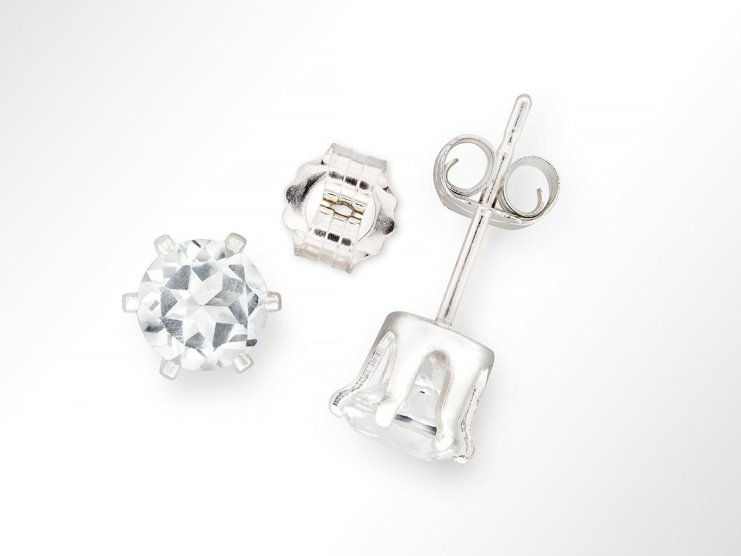 Striking, Natural, White Brazilian Topaz, Diamond Cut, 5mm Earrings.  6-Prong silver setting.