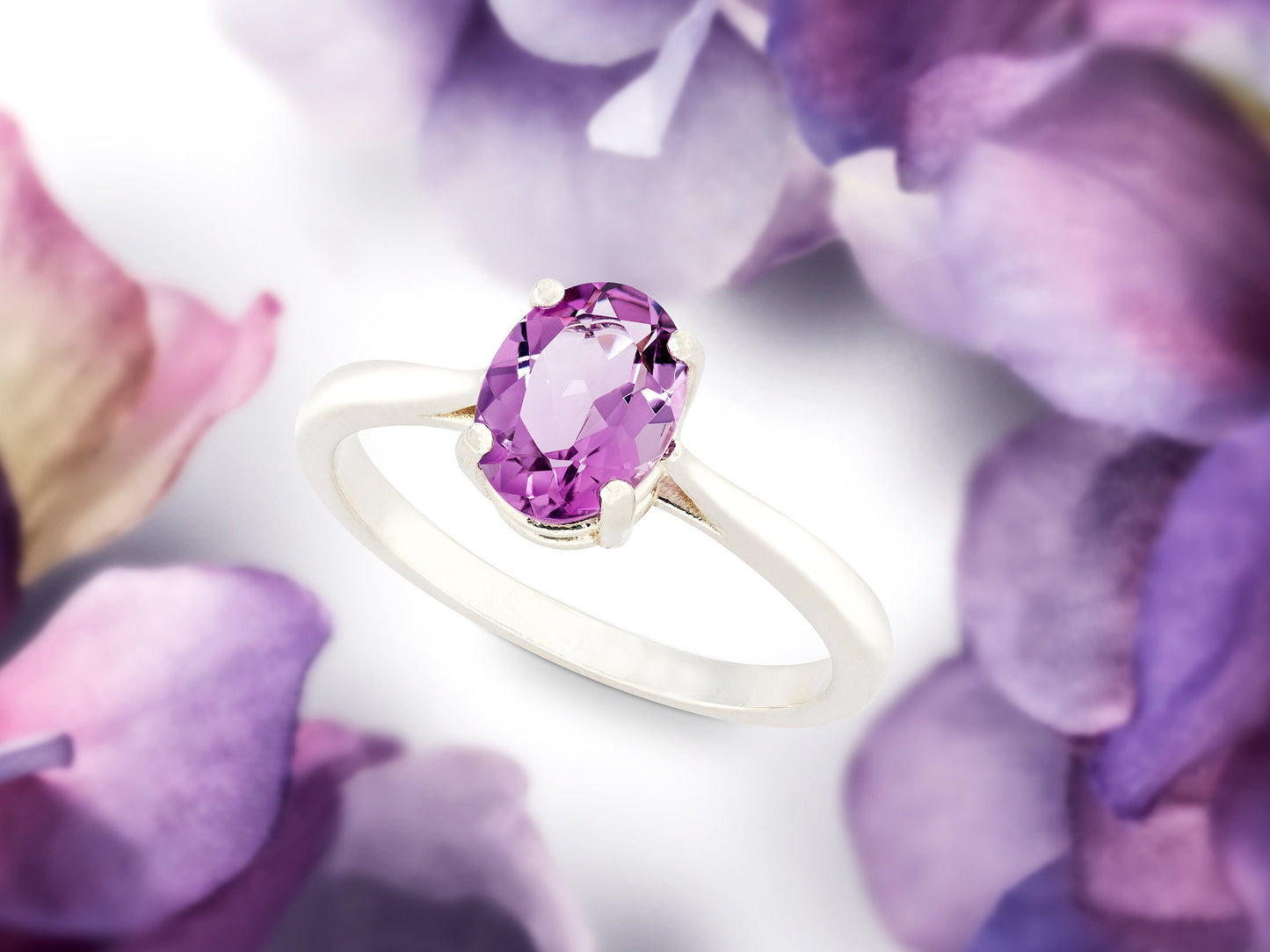 Simply Stunning! 8x6mm Oval, Natural Brazilian Amethyst Solitaire. February Birthstone Ring. Sparkling Purple! Classic 4-Prong Design.