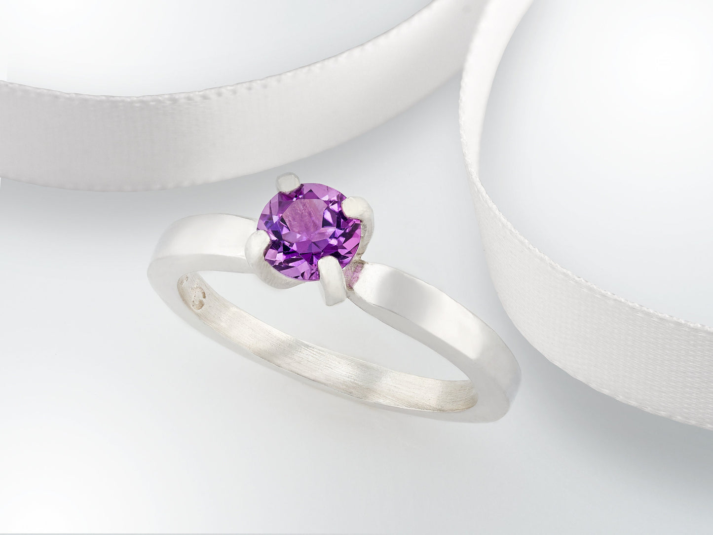 Genuine Grade AAA 5mm Round Faceted African Amethyst Solitaire Sterling Silver Ring. Gorgeous Color!  February Birthstone.