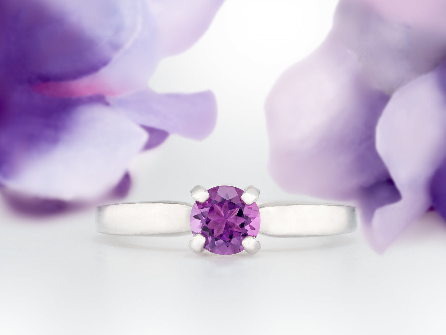 Genuine Grade AAA 5mm Round Faceted African Amethyst Solitaire Sterling Silver Ring. Gorgeous Color!  February Birthstone.