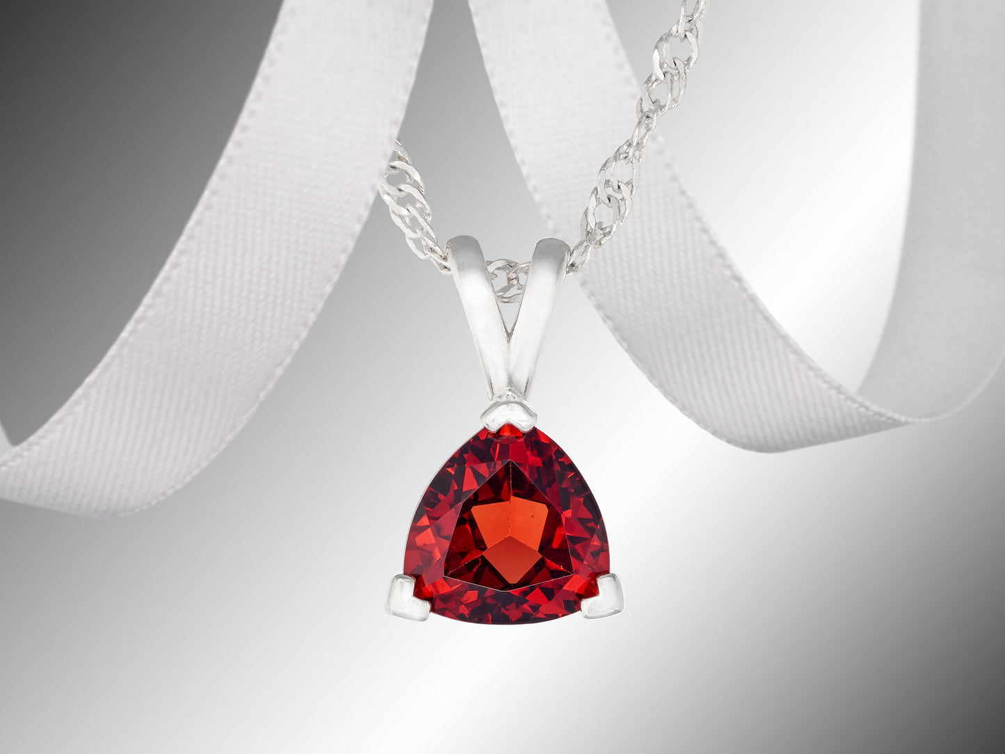 Beautiful Bold Red 8mm Trillion Pendant Necklace. Natural Mozambique Garnet, Triangle shape, VVS clarity. Premium Silver. Chain Options.