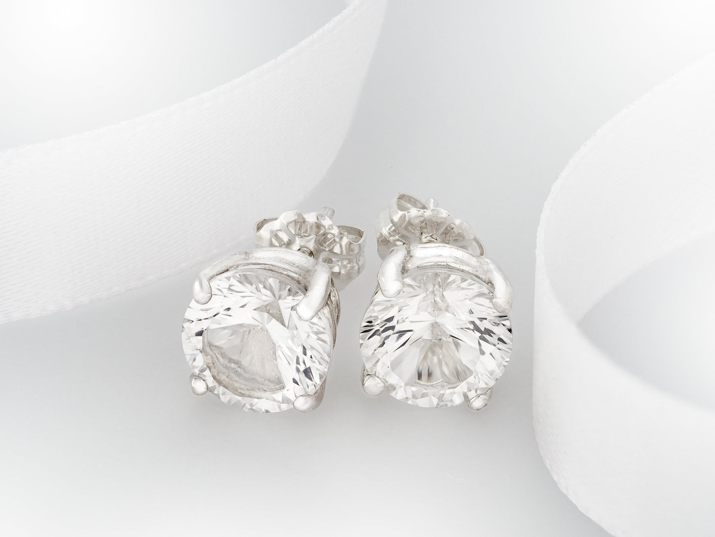 Sparkling, natural concave cut white topaz earrings Brazil. Large, 8mm round faceted genuine topaz gemstones.