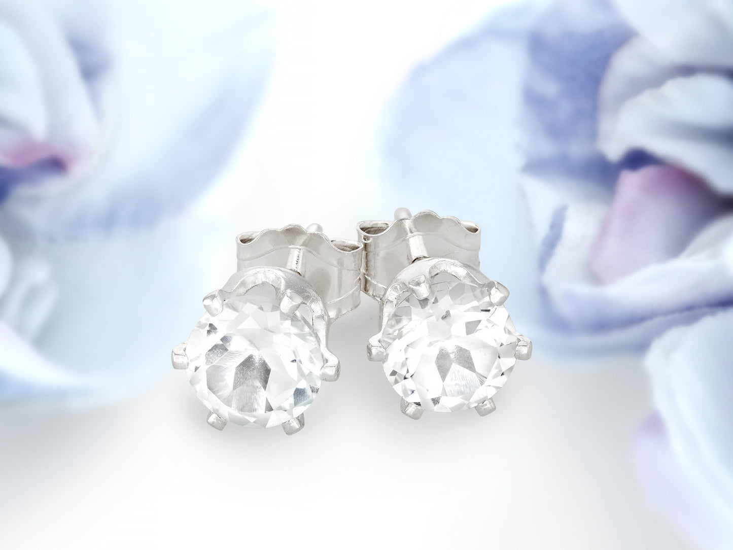 Striking, Natural, White Brazilian Topaz, Diamond Cut, 5mm Earrings.  6-Prong silver setting.