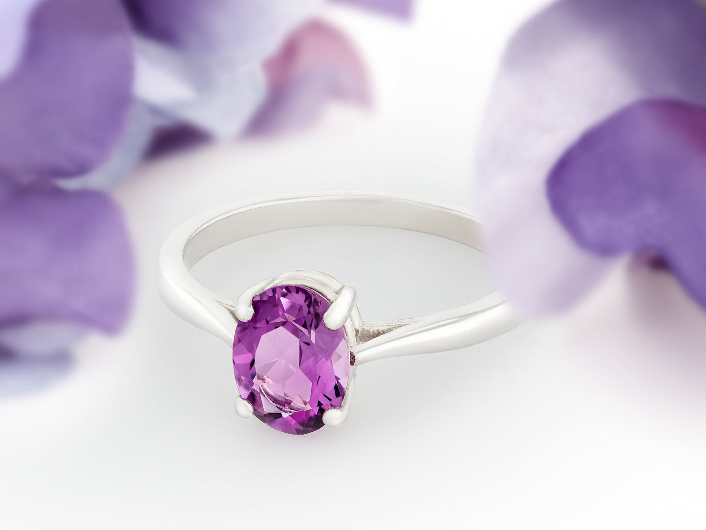 Simply Stunning! 8x6mm Oval, Natural Brazilian Amethyst Solitaire. February Birthstone Ring. Sparkling Purple! Classic 4-Prong Design.