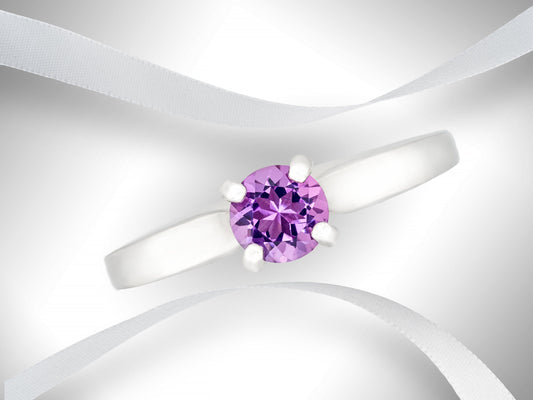 Genuine Grade AAA 5mm Round Faceted African Amethyst Solitaire Sterling Silver Ring. Gorgeous Color!  February Birthstone.