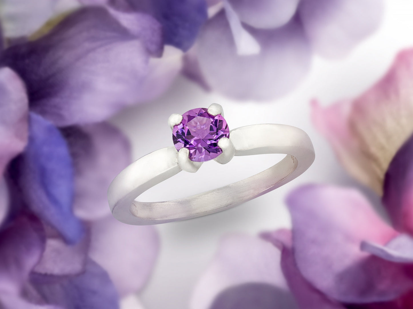 Genuine Grade AAA 5mm Round Faceted African Amethyst Solitaire Sterling Silver Ring. Gorgeous Color!  February Birthstone.