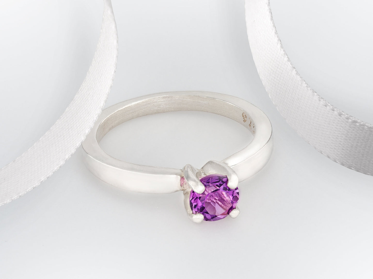 Genuine Grade AAA 5mm Round Faceted African Amethyst Solitaire Sterling Silver Ring. Gorgeous Color!  February Birthstone.