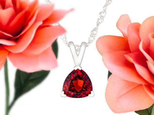 Beautiful Bold Red 8mm Trillion Pendant Necklace. Natural Mozambique Garnet, Triangle shape, VVS clarity. Premium Silver. Chain Options.