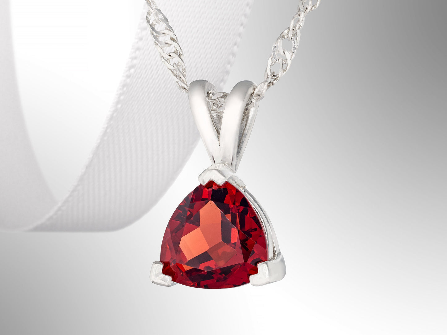 Beautiful Bold Red 8mm Trillion Pendant Necklace. Natural Mozambique Garnet, Triangle shape, VVS clarity. Premium Silver. Chain Options.