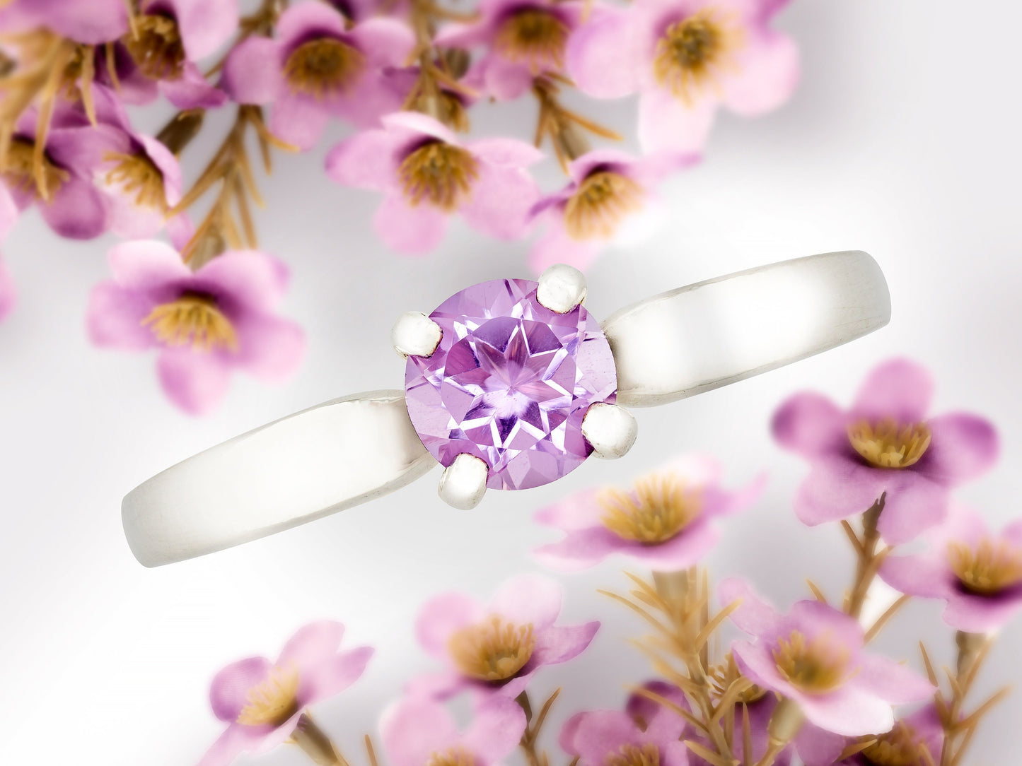 Genuine, Gorgeous 5mm Round Faceted Brazilian Amethyst Solitaire Sterling Silver Ring. Light to Medium Purple gemstone! February gem ring.