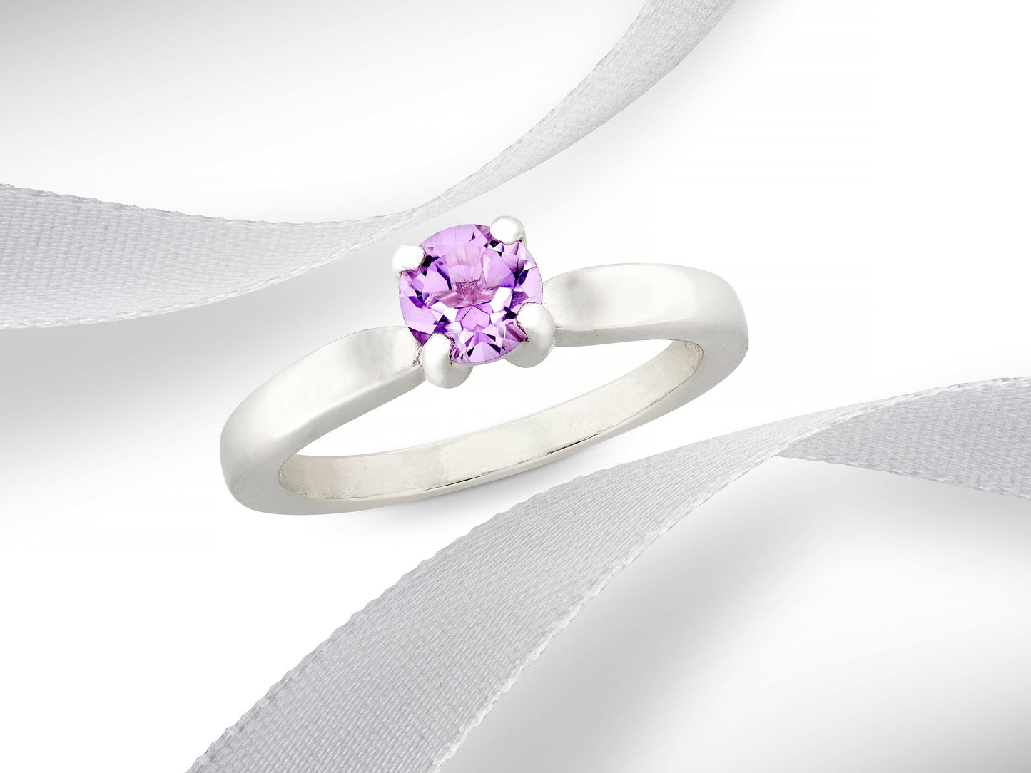 Genuine, Gorgeous 5mm Round Faceted Brazilian Amethyst Solitaire Sterling Silver Ring. Light to Medium Purple gemstone! February gem ring.