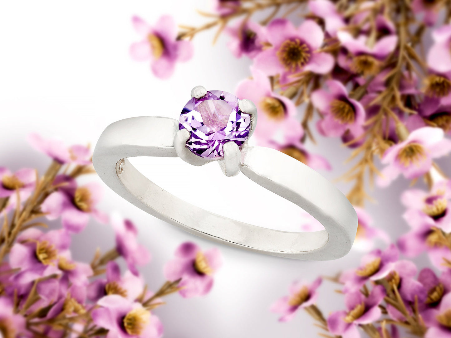 Genuine, Gorgeous 5mm Round Faceted Brazilian Amethyst Solitaire Sterling Silver Ring. Light to Medium Purple gemstone! February gem ring.