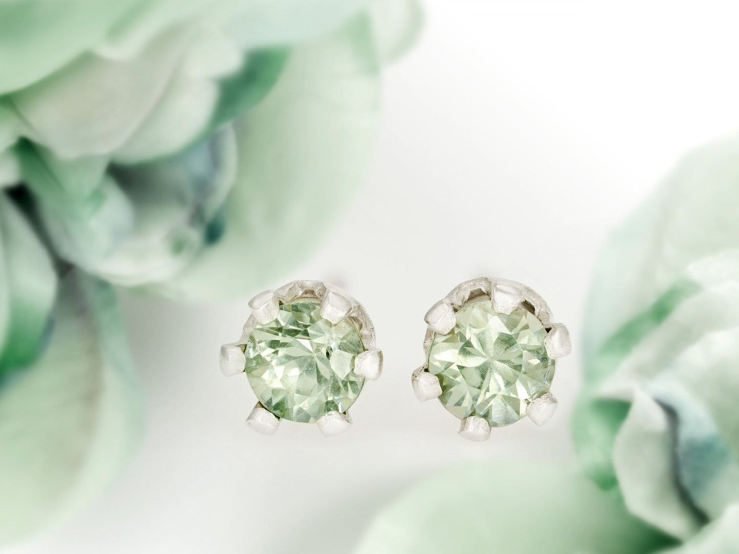 Authentic Green Sapphire Earrings, 3mm Diamond Cut. Sterling Silver, 6-Prong Studs. Natural Gemstones.