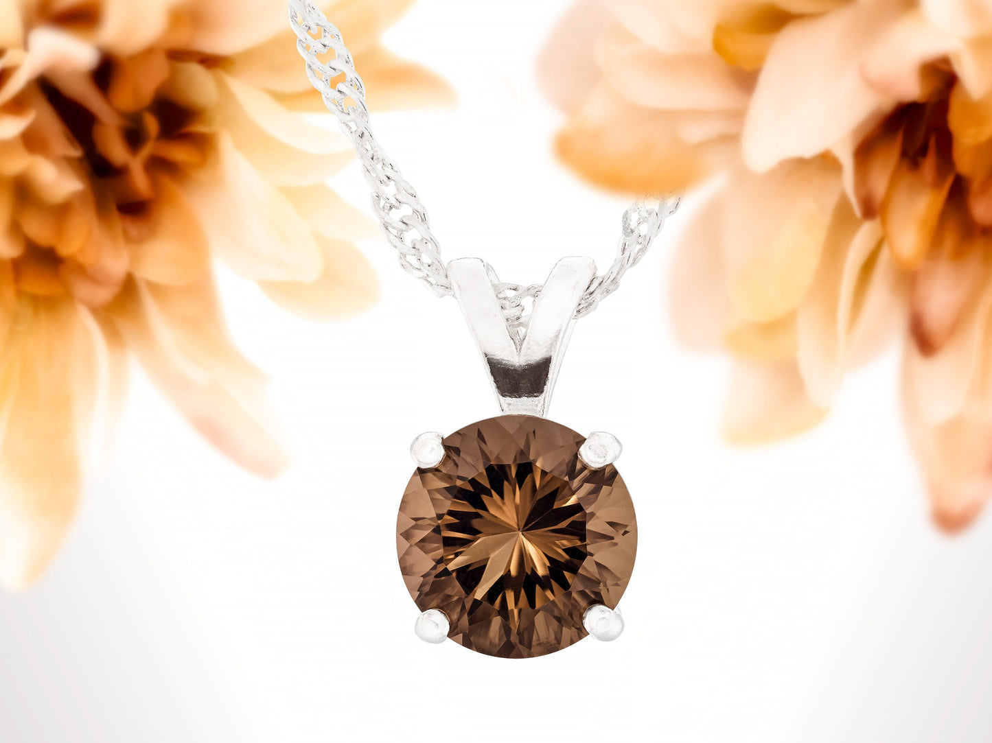 Authentic Brazilian Smoky Quartz Pendant Necklace! 8mm, Round, Concave Cut, Grade AAA. Premium Sterling Silver, Pendant and Chain.