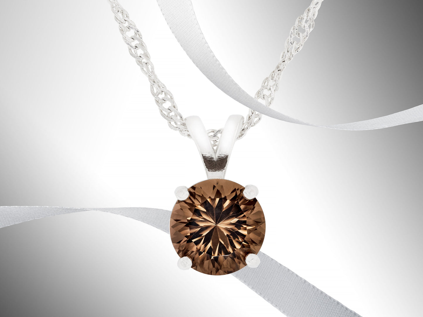 Authentic Brazilian Smoky Quartz Pendant Necklace! 8mm, Round, Concave Cut, Grade AAA. Premium Sterling Silver, Pendant and Chain.