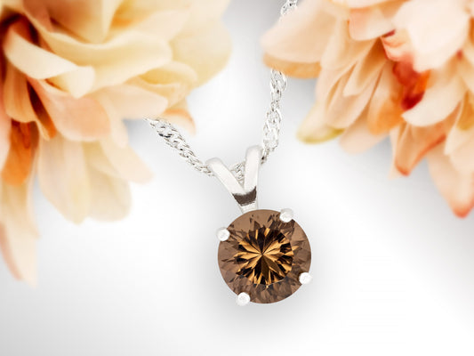 Authentic Brazilian Smoky Quartz Pendant Necklace! 8mm, Round, Concave Cut, Grade AAA. Premium Sterling Silver, Pendant and Chain.