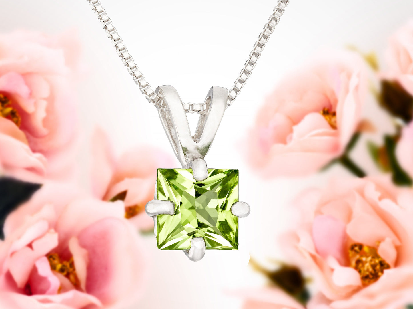 Vivid Green Natural Peridot! 6mm Square Princess Cut Pendant Necklace. Sterling silver pendant and chain.