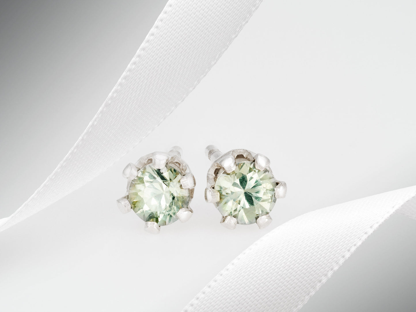 Authentic Green Sapphire Earrings, 3mm Diamond Cut. Sterling Silver, 6-Prong Studs. Natural Gemstones.