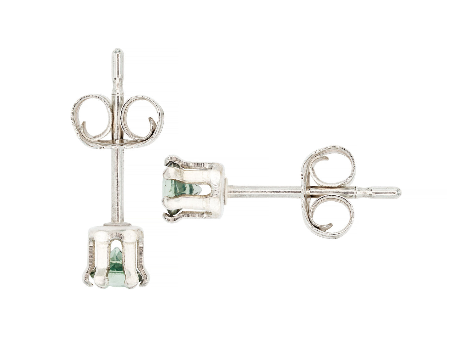 Authentic Green Sapphire Earrings, 3mm Diamond Cut. Sterling Silver, 6-Prong Studs. Natural Gemstones.