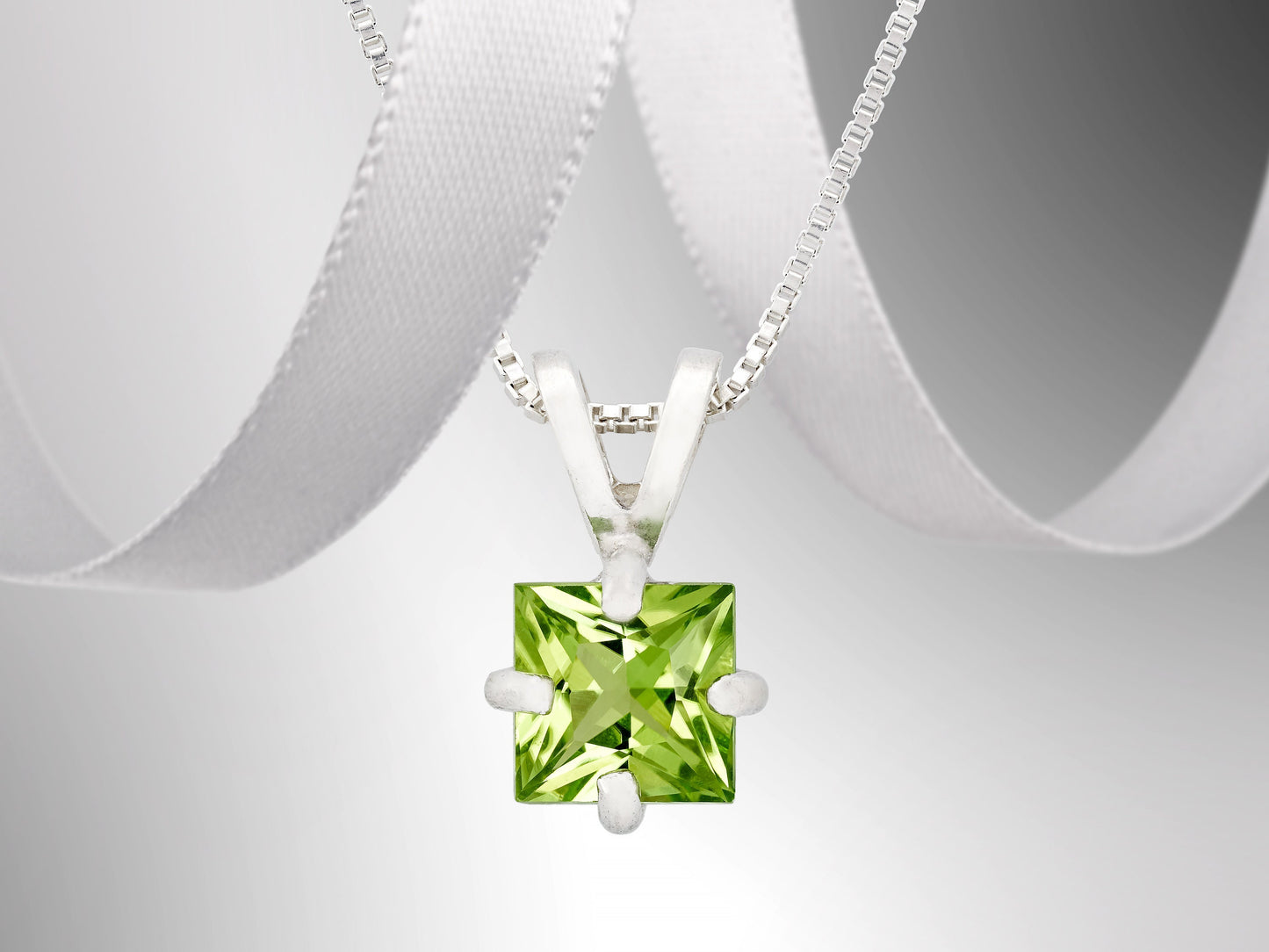 Vivid Green Natural Peridot! 6mm Square Princess Cut Pendant Necklace. Sterling silver pendant and chain.