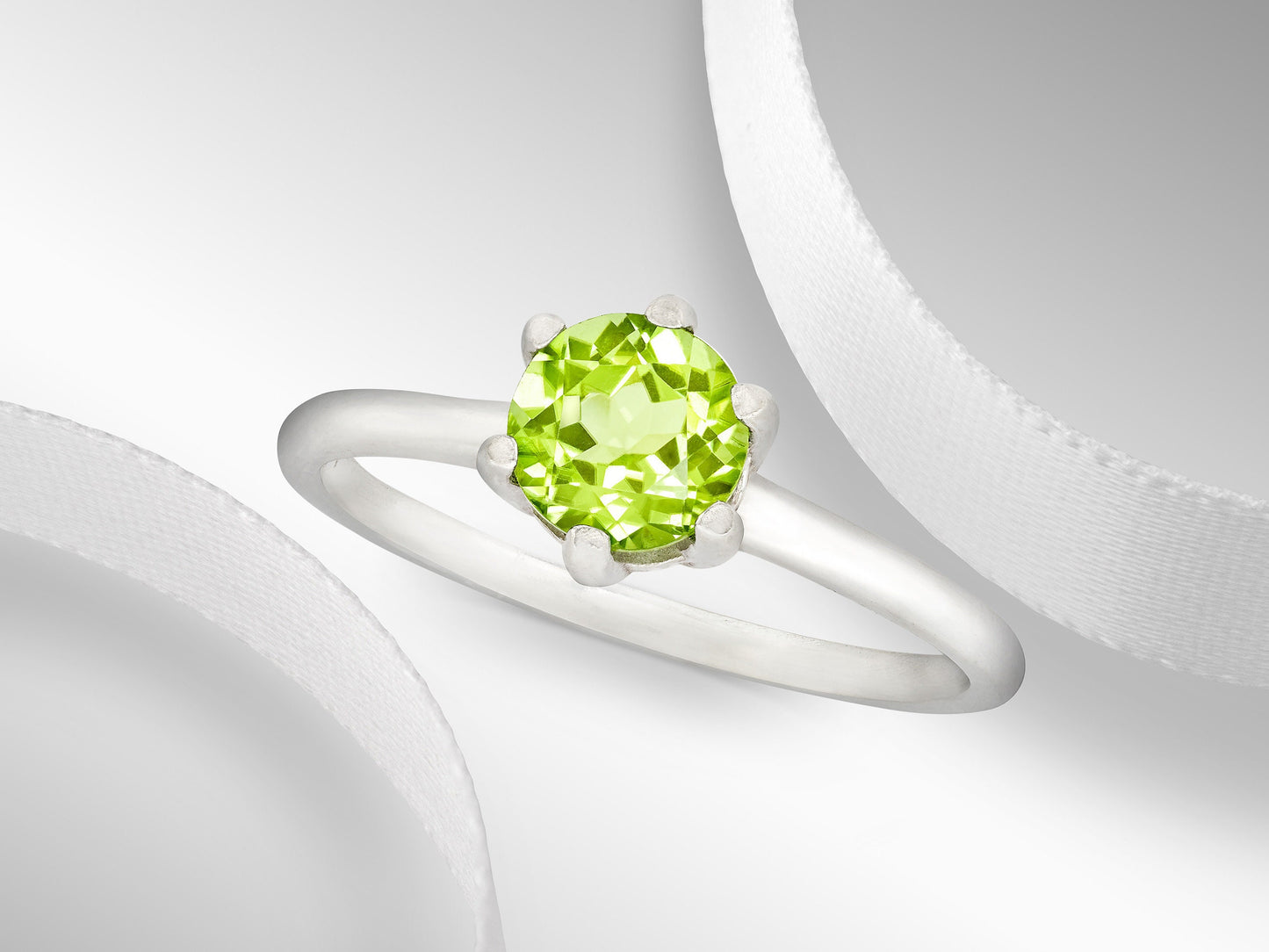 Elegant Peridot Solitaire Silver Ring.  6mm Round, Faceted, Natural Peridot. August Birthstone. Classic 6 prong ring style.