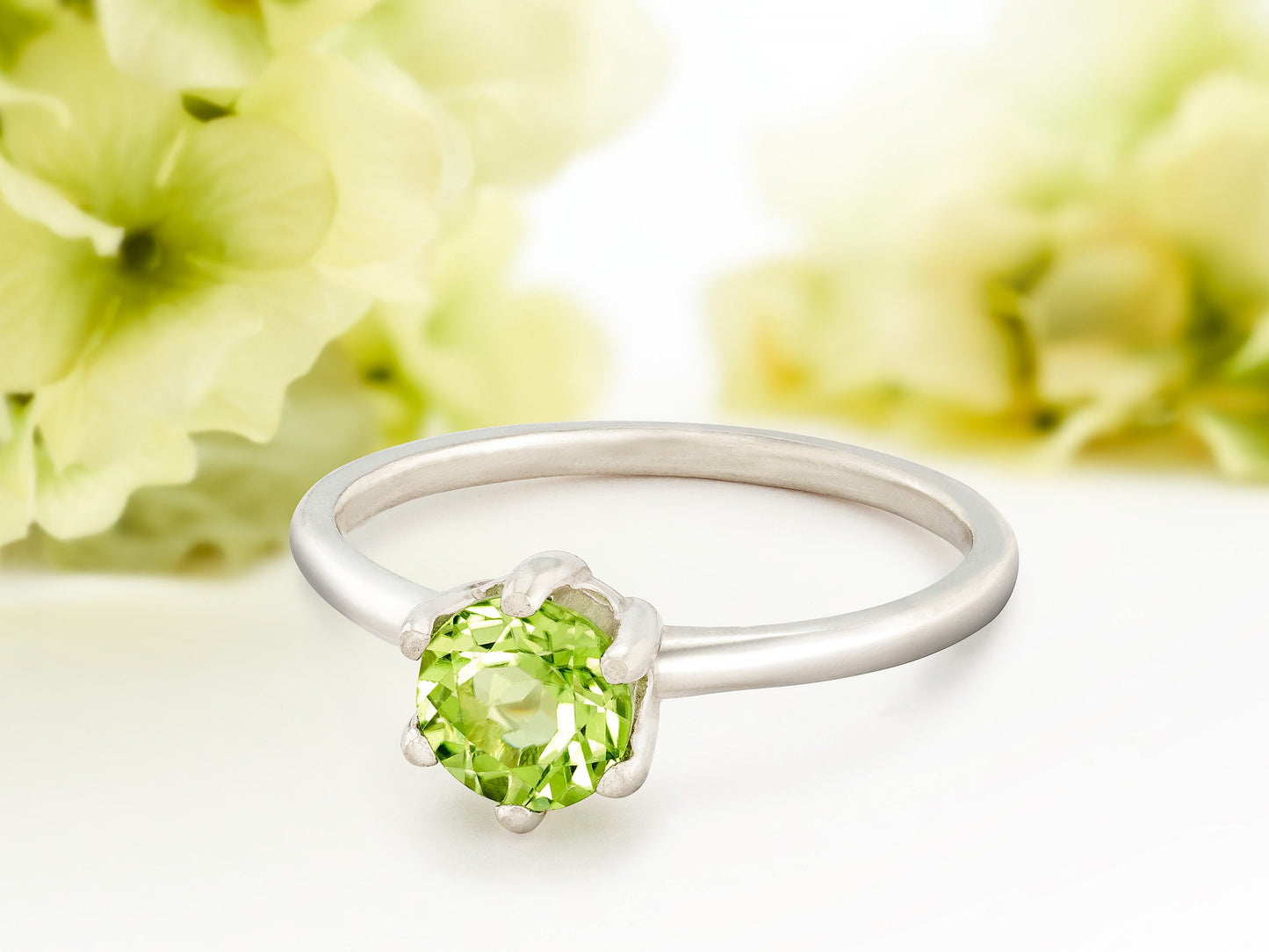 Elegant Peridot Solitaire Silver Ring.  6mm Round, Faceted, Natural Peridot. August Birthstone. Classic 6 prong ring style.