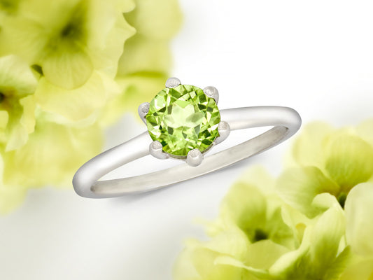 Elegant Peridot Solitaire Silver Ring.  6mm Round, Faceted, Natural Peridot. August Birthstone. Classic 6 prong ring style.