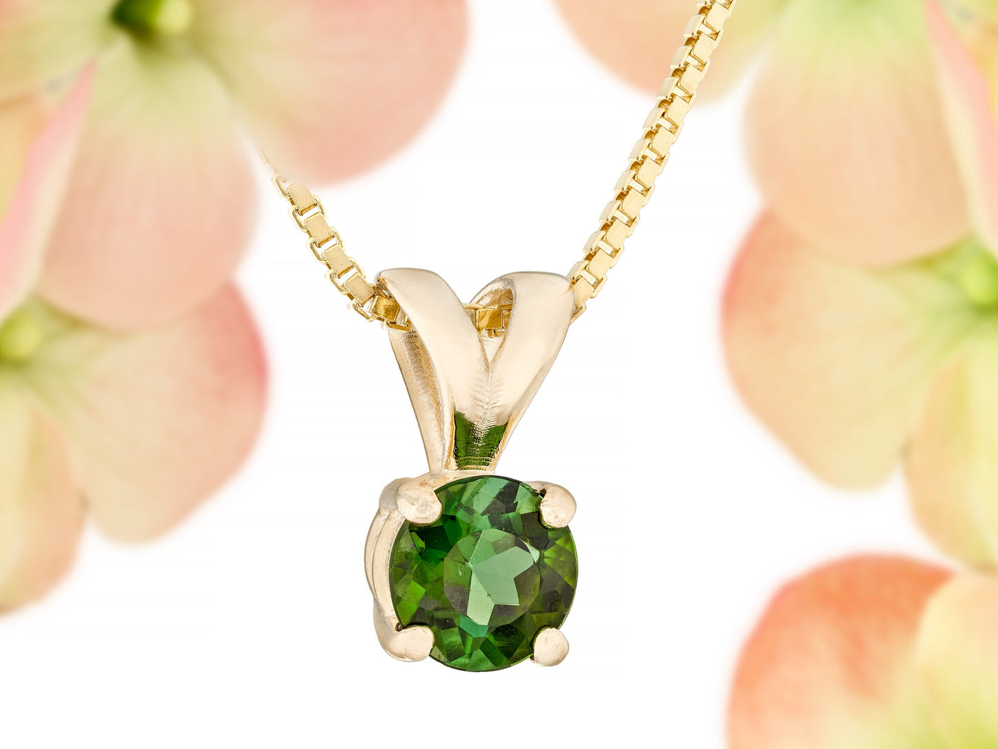 Forest Green Tourmaline in 14kt Yellow Gold pendant.  Gorgeous Natural Tourmaline Necklace. 5mm round, faceted, Brazilian.