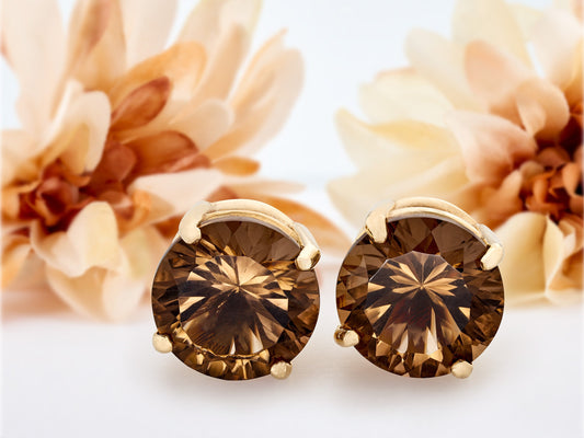 Gorgeous Earrings! Brazilian, 8mm Round, Concave Cut Smoky Quartz. 10kt or 14kt yellow gold. Natural, brown gemstones.