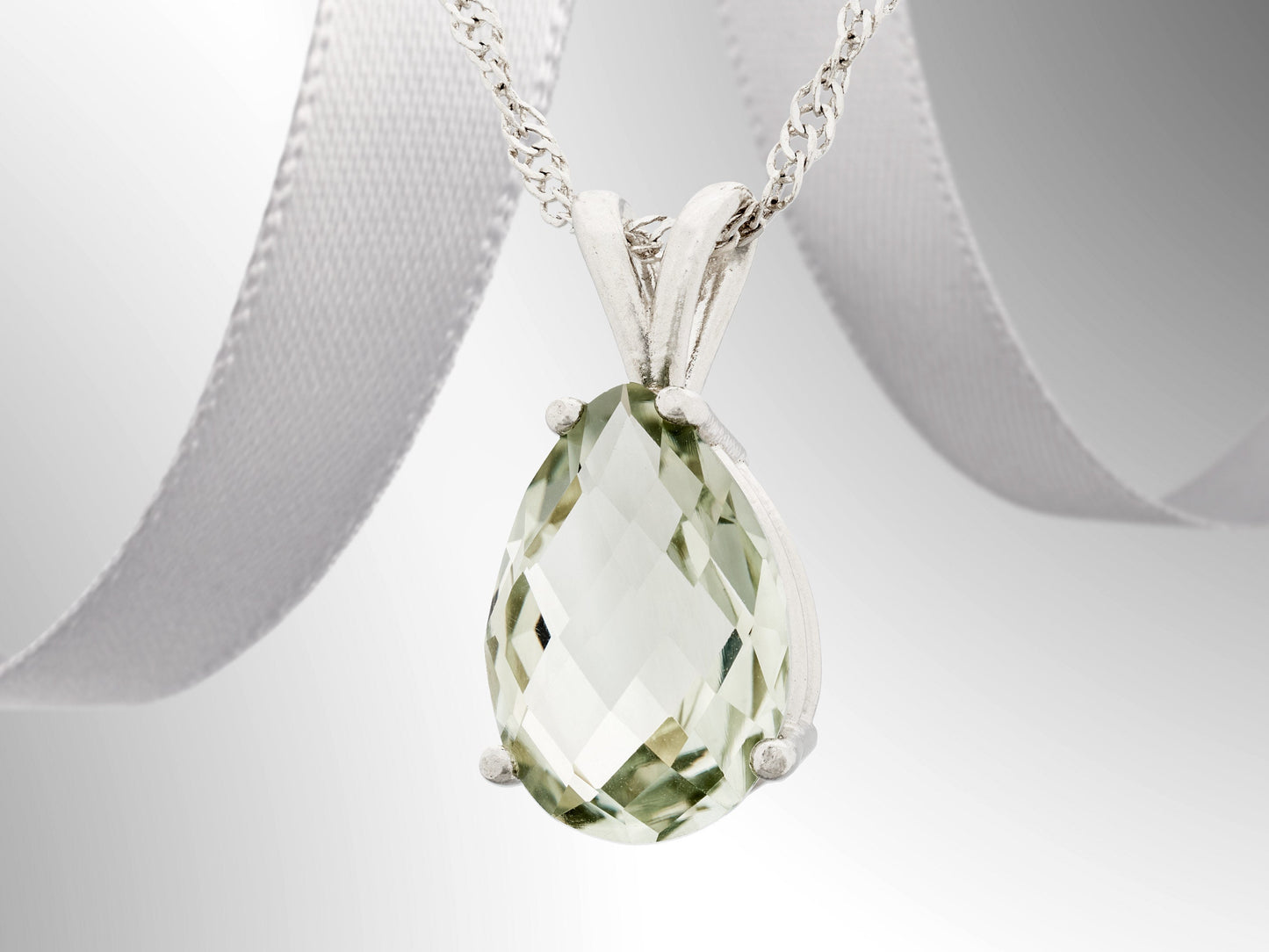 Gorgeous light sage green checkerboard prasiolite necklace! Large, natural, prasiolite from Brazil. 15x10mm pear, 5ctw.