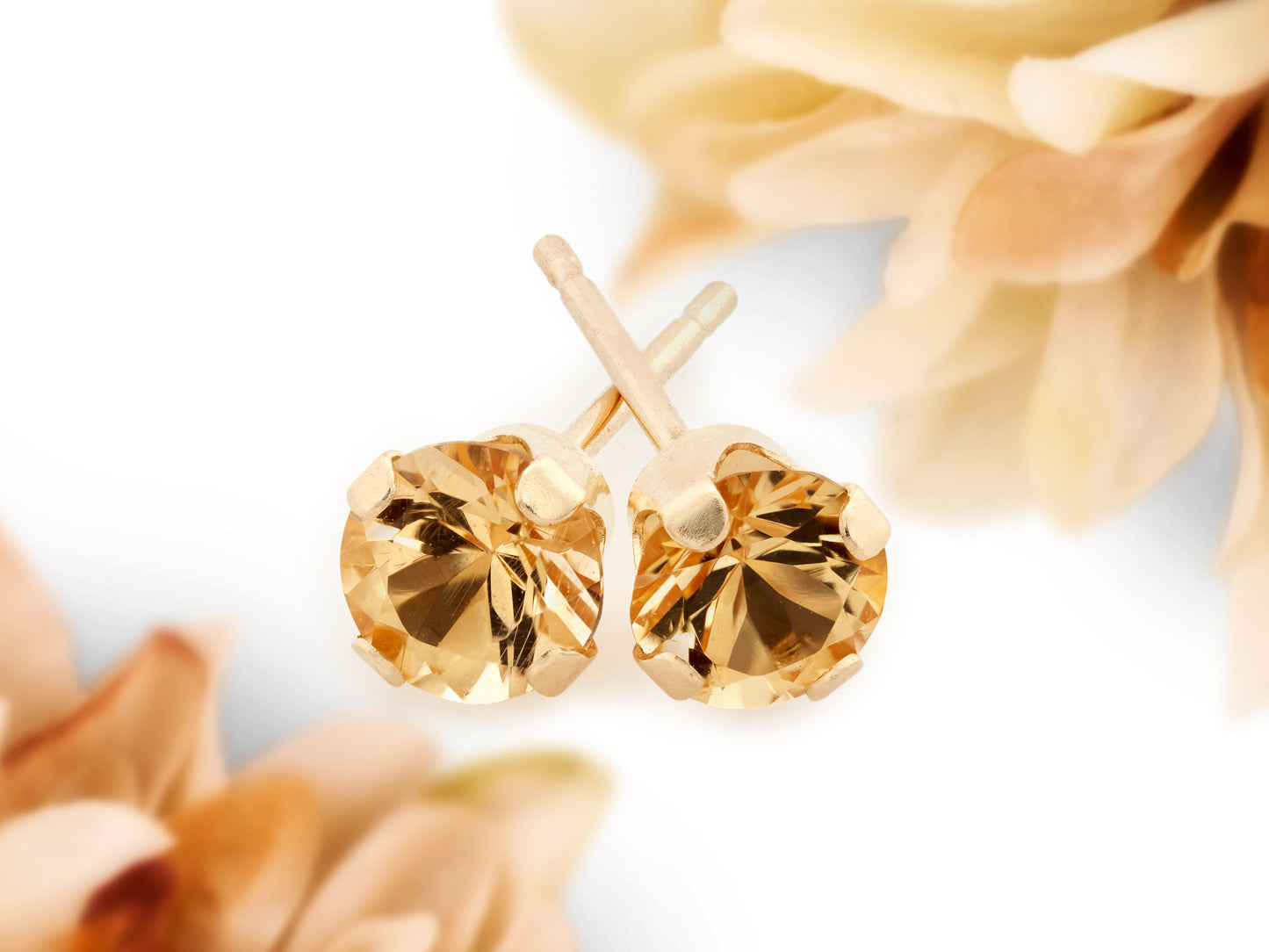 Rare, 4mm Diamond Cut Imperial Topaz Earrings in 14K Yellow Gold. Yellow Orange. Ouro Preto, Brazil. 4-Prong Studs.