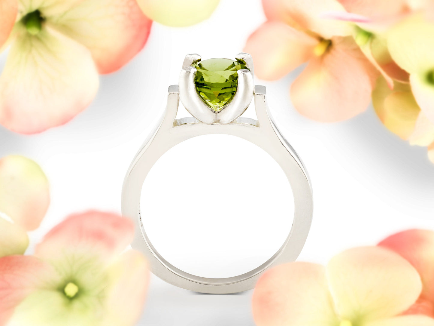 Striking Cathedral Ring featuring a brilliant 7mm round Peridot.  Sparkling August gemstone solitaire ring.