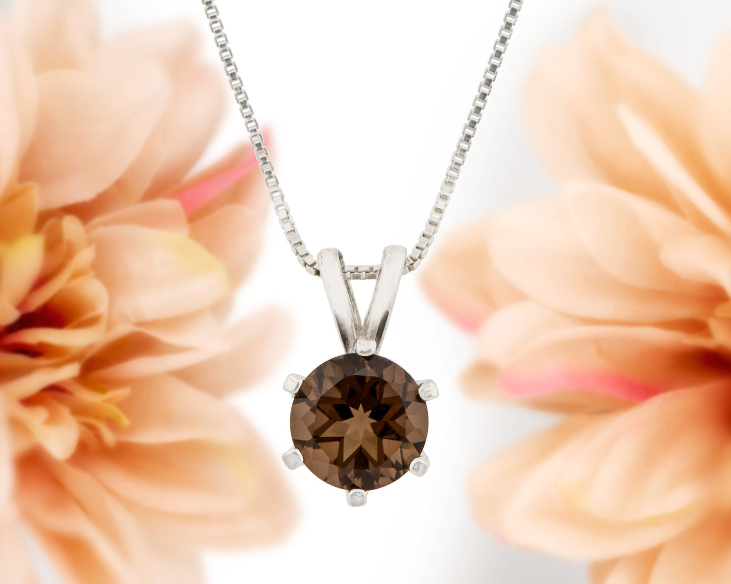 Classic brown smoky quartz necklace from Brazil! 7mm round, natural Brazilian gemstone in a 6-Prong, Sterling Silver Pendant.