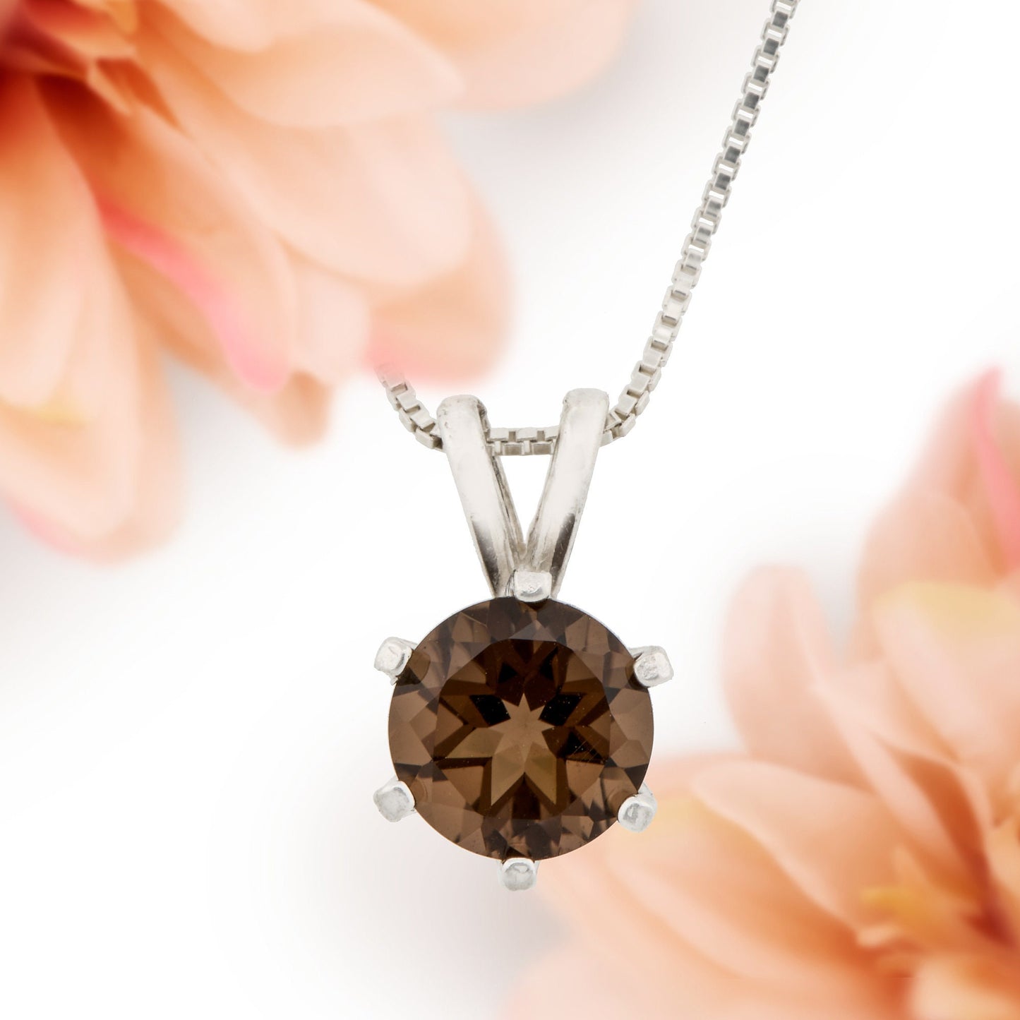 Classic brown smoky quartz necklace from Brazil! 7mm round, natural Brazilian gemstone in a 6-Prong, Sterling Silver Pendant.