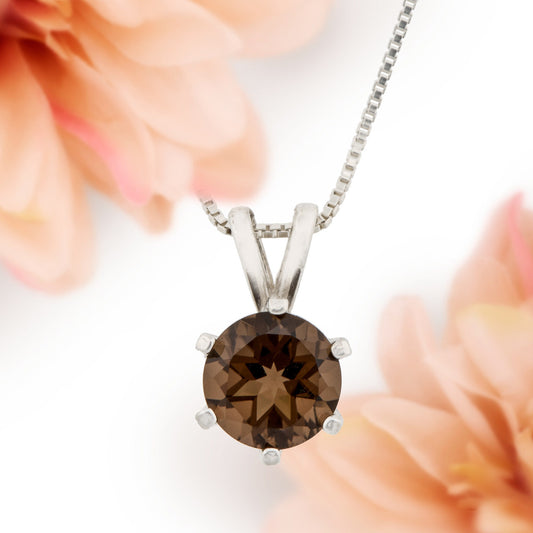 Classic brown smoky quartz necklace from Brazil! 7mm round, natural Brazilian gemstone in a 6-Prong, Sterling Silver Pendant.