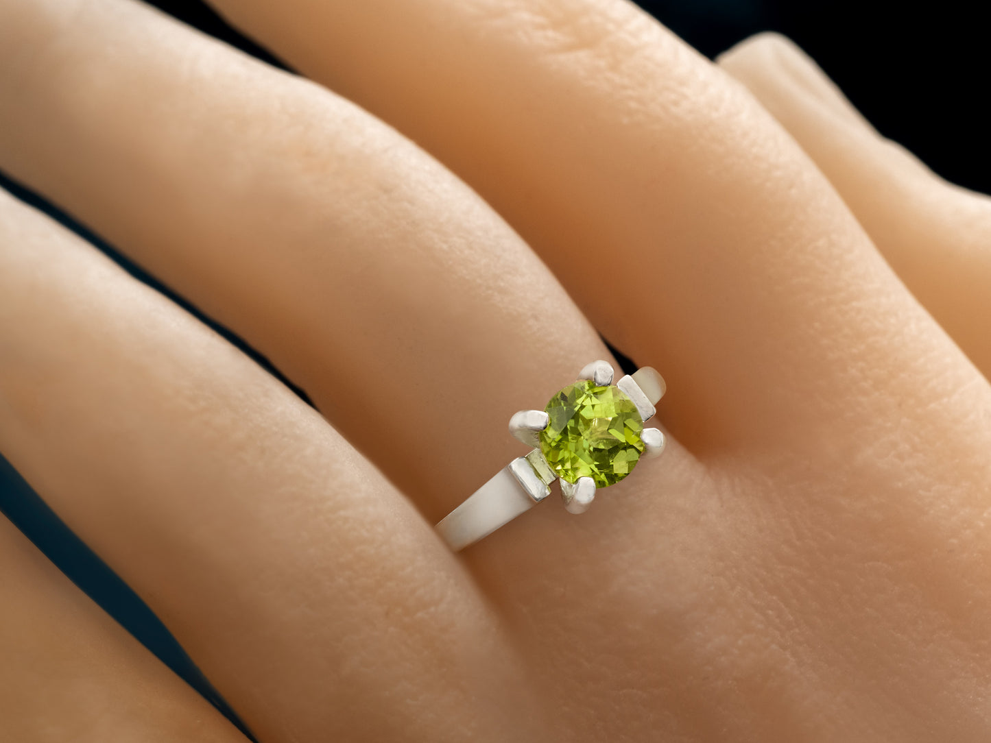 Striking Cathedral Ring featuring a brilliant 7mm round Peridot.  Sparkling August gemstone solitaire ring.