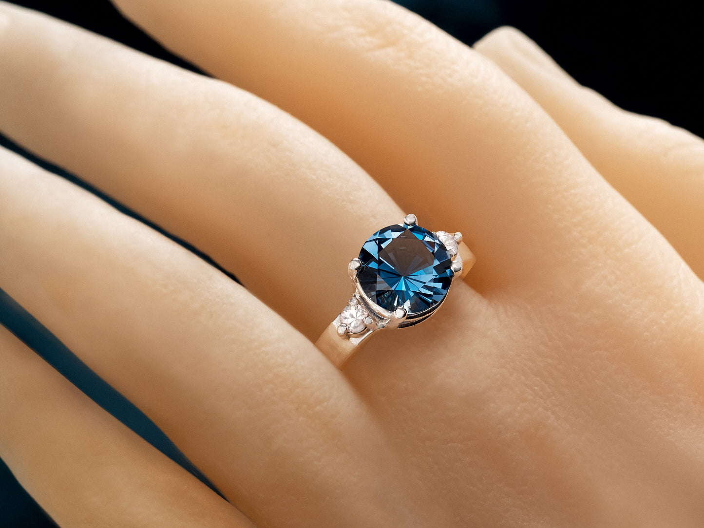 Large Concave Cut GEM quality London Blue Topaz Ring. Genuine, Brazilian, London Blue Topaz, White Sapphire accents. Premium Sterling Silver