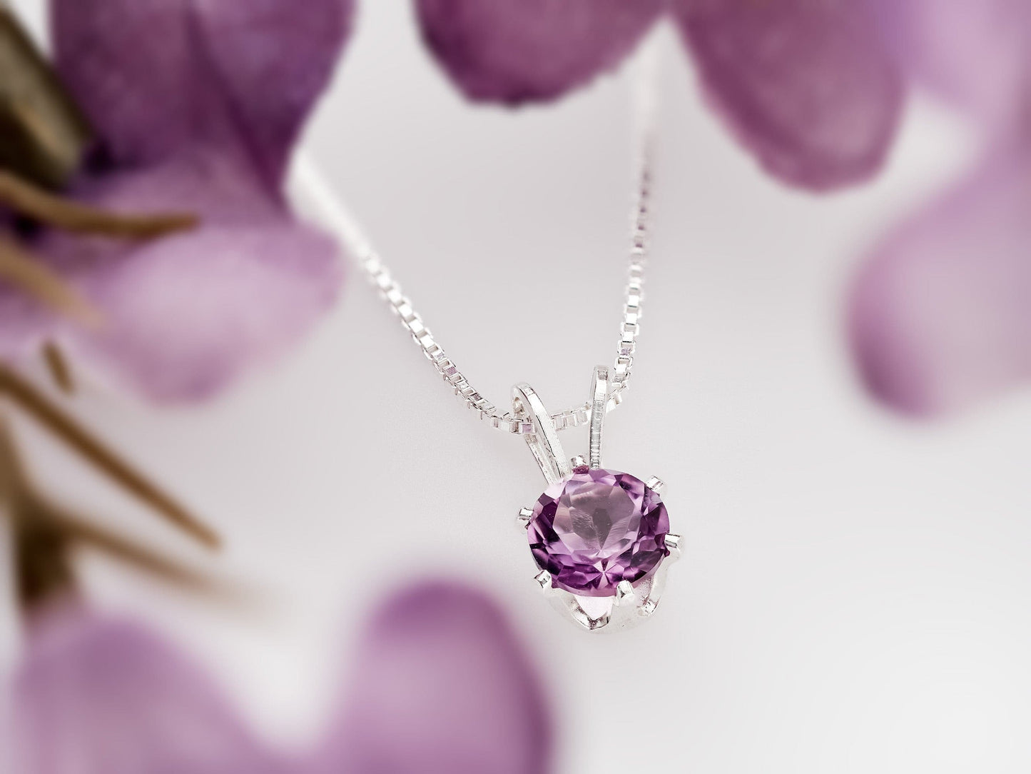 February Amethyst Necklace. Round, 5mm, Gemstone in a 6-Prong, Sterling Silver Pendant. Brazilian Purple.