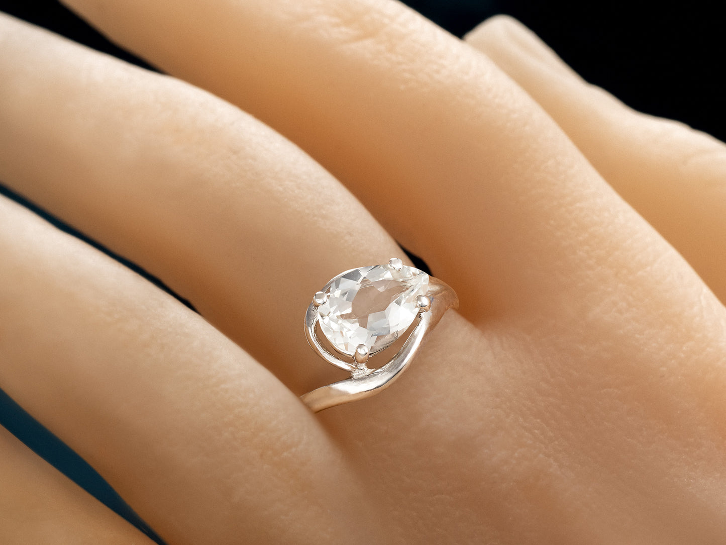 Elegant handmade pear shaped white topaz ring. Natural Gem from Brazil. Premium Silver. 4-prong tray, side set design.