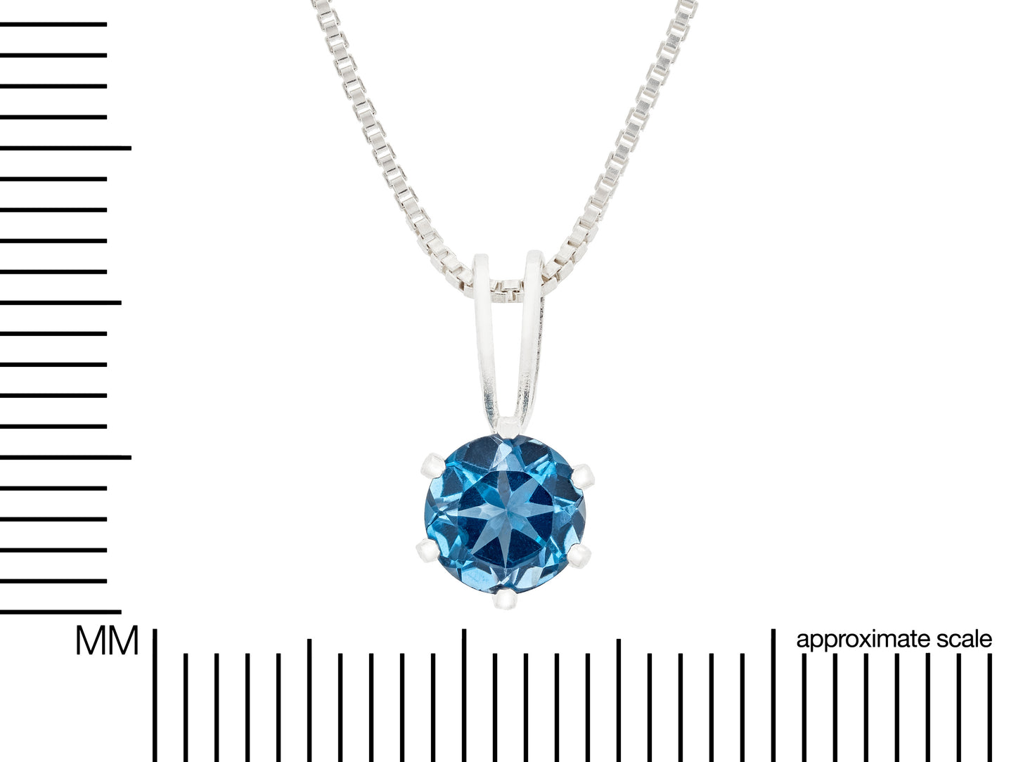 Intense London Blue Topaz Necklace. Round, 5mm, Natural Brazilian Gemstone in a 6-Prong, Sterling Silver Pendant.